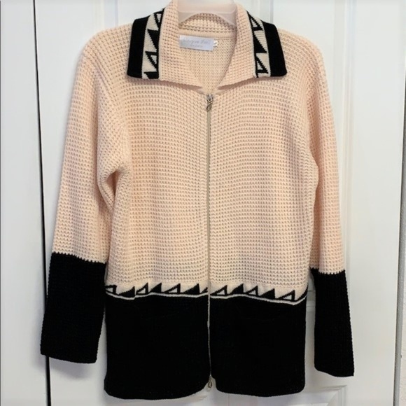 Unique International Black Cream Wool Blend Zipper Front Cardigan Sweater Size L - Picture 1 of 7